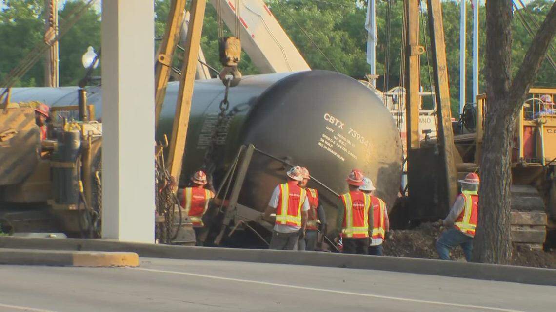 The City of Waxahachie, Texas, announced multiple road closures Tuesday morning after a train with over 100 cars derailed downtown overnight.
