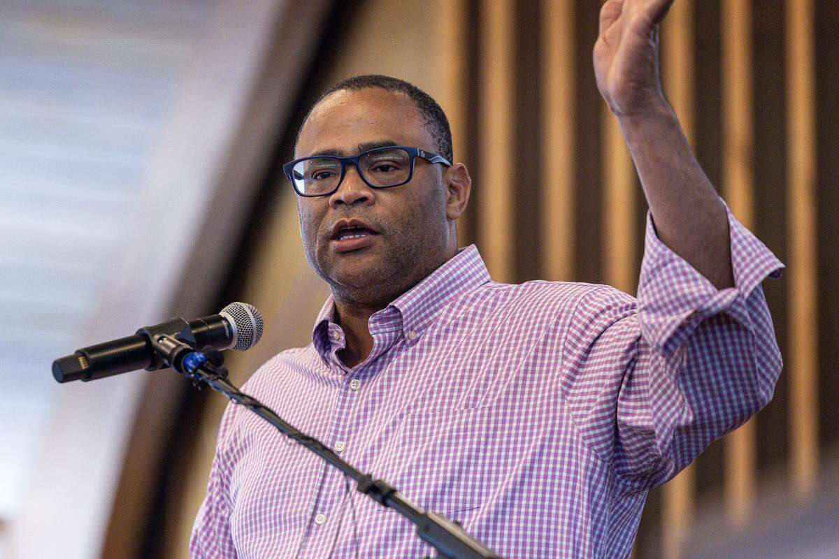 U.S. Rep. Marc Veasey, D-Texas, speaks on stage for the “Build The Backlash” rally at greater St. Stephen First Church in Fort Worth on Wednesday, Aug. 6, 2024. The rally called out the efforts of Texas republicans to gerrymander the state and silence Black voters.