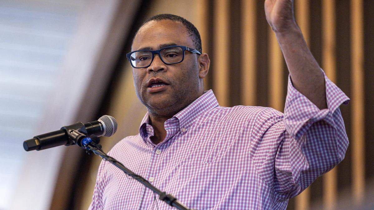 U.S. Rep. Marc Veasey, D-Texas, speaks on stage for the “Build The Backlash” rally at greater St. Stephen First Church in Fort Worth on Wednesday, Aug. 6, 2024. The rally called out the efforts of Texas republicans to gerrymander the state and silence Black voters.