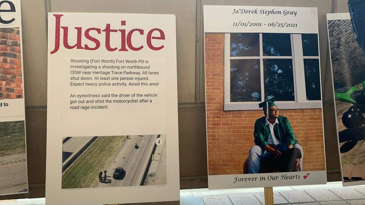 On Monday, the family of JaDerek Gray held signs and photos of the 19-year-old outside the Tarrant County Criminal District Attorney’s Office building. A driver shot and killed Gray in 2021 during what Fort Worth police called a “road rage” incident. Police said Gray pulled a weapon on the driver. The family disputes that claim.
