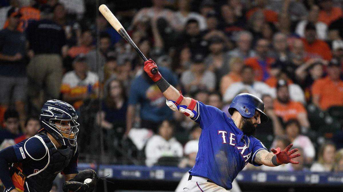 Texas Rangers’ Rougned Odor strikes out to end the top of the eighth inning of the team’s baseball game against the Houston Astros, Saturday, May 11, 2019, in Houston. (AP Photo/Eric Christian Smith)