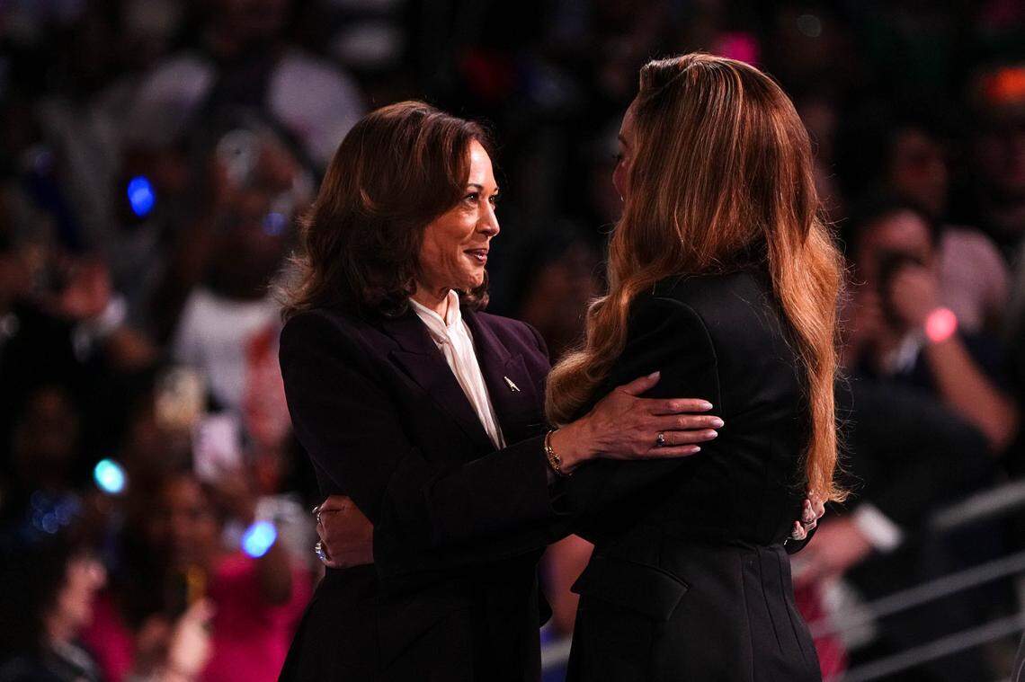 Vice President Kamala Harris hugs BeyoncÃ© Knowles-Carter on stage during a during a rally at Shell Energy Stadium on Friday, Oct. 25, 2024 in Houston, Texas.