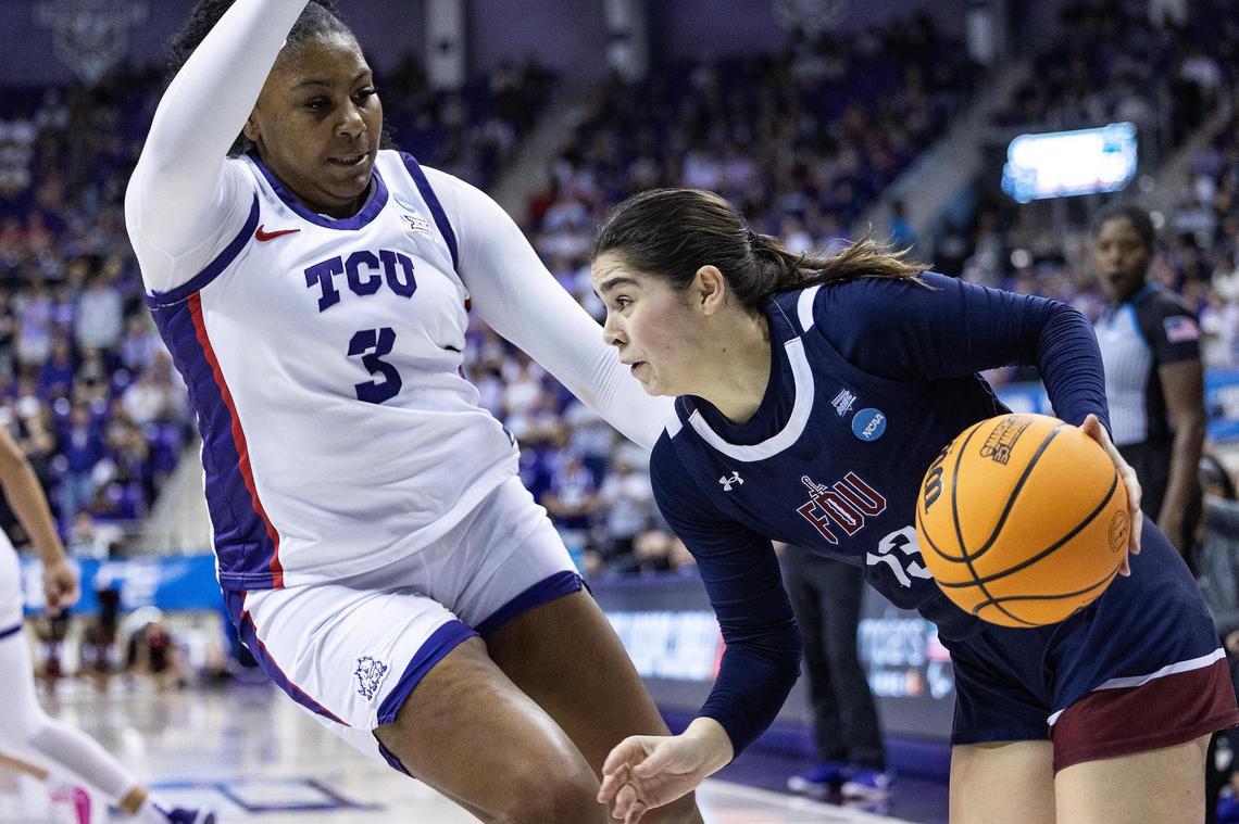 TCU forward Deasia Merrill (3) guards Fairliegh Dickinson guard Abby Babore (13) in the first half of the first round of the Women’s NCAA Championships Tournament game between TCU and Fairleigh Dickinson at Schollmaier Arena in Fort Worth on Friday, March 21, 2025.