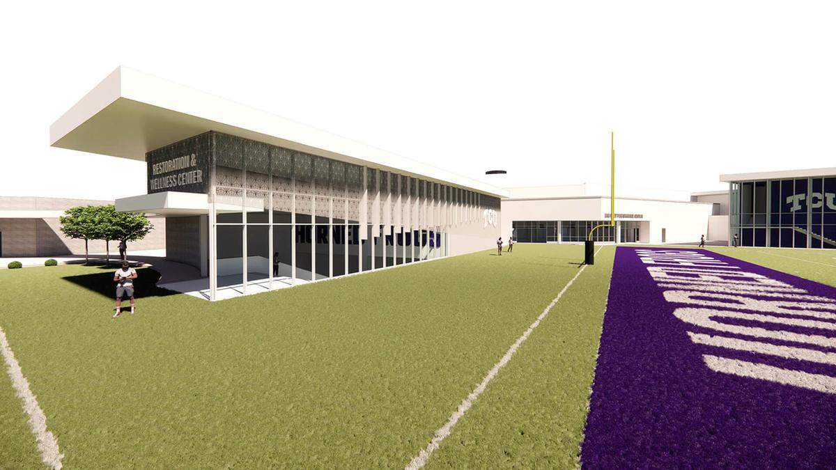 Rendering shows one-story building at end of practice football field. 