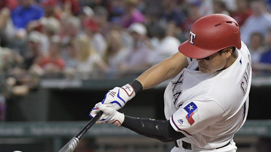 Texas Rangers right fielder Shin-Soo Choo (17) lines out to San Diego Padres starting pitcher Tyson Ross (38) in the fifth inning as the Rangers play the Padres at Globe Life Park in Arlington, TX, Tuesday, June 26, 2018.