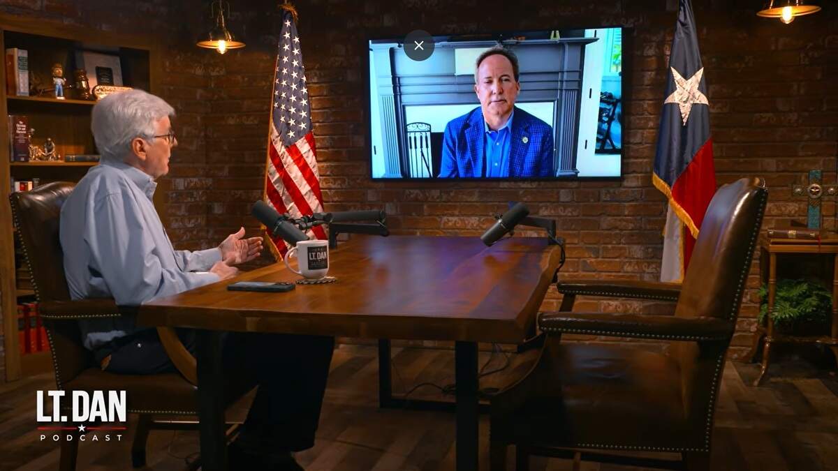 Texas Lt. Gov. Dan Patrick (left) interviews Attorney General Ken Paxton about the U.S. Senate campaign on the first episode of Patrick’s “Lt. Dan” podcast.