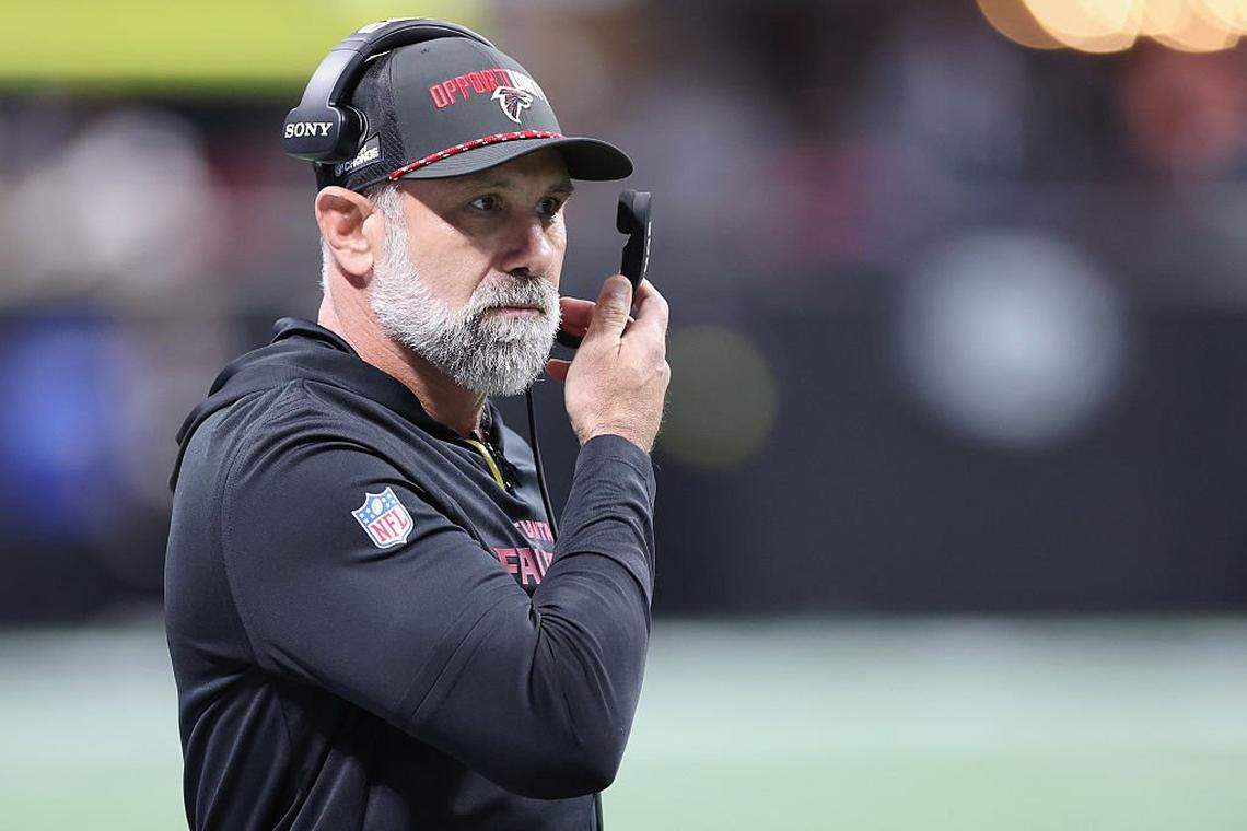 ATLANTA, GEORGIA - JANUARY 04: Defensive coordinator Jeff Ulbrich of the Atlanta Falcons looks on during the first half of the game against the New Orleans Saints at Mercedes-Benz Stadium on January 04, 2026 in Atlanta, Georgia. (Photo by Kevin C. Cox/Getty Images)
