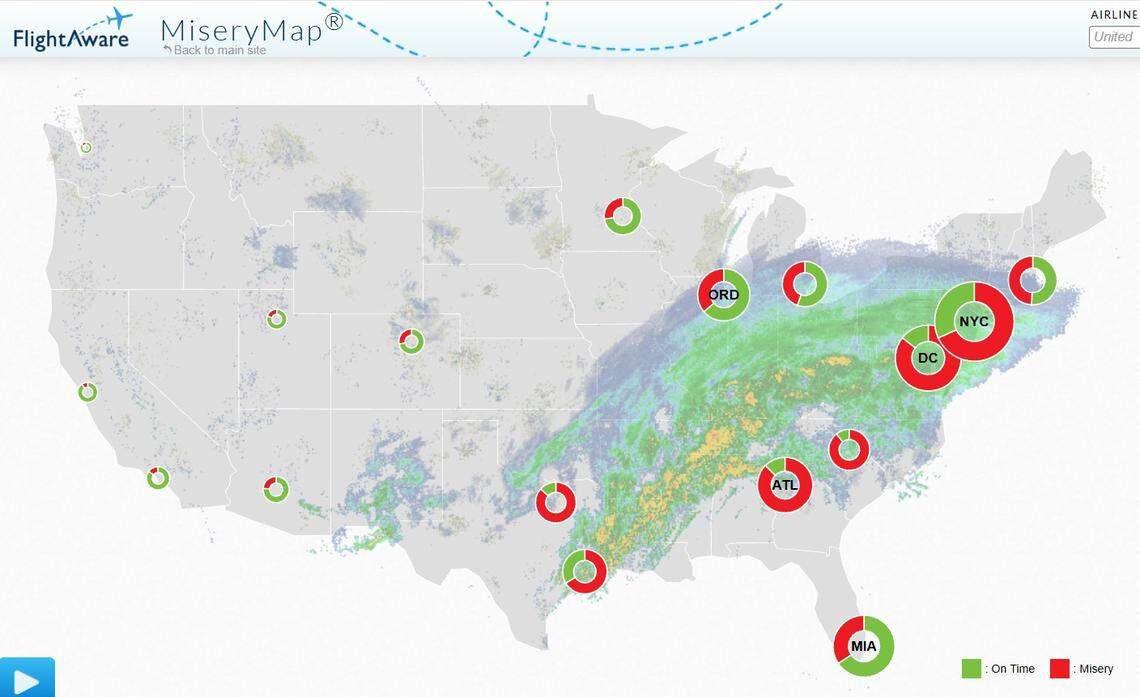 FlightAware’s “MiseryMap” indicating delays and cancellations at major airports from Texas to the Northeast on Sunday, Jan. 25, 2026.