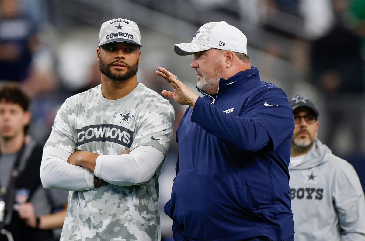 Dallas Cowboys quarterback Dak Prescott, left, and head coach Mike McCarthy talk before the start of the game against the Philadelphia Eagles on Sunday, Nov. 10, 2024, at AT&T Stadium. Prescott is on the injured reserve list after he suffered a hamstring injury in the team’s loss to the Atlanta Falcons on Sunday, Nov. 3.