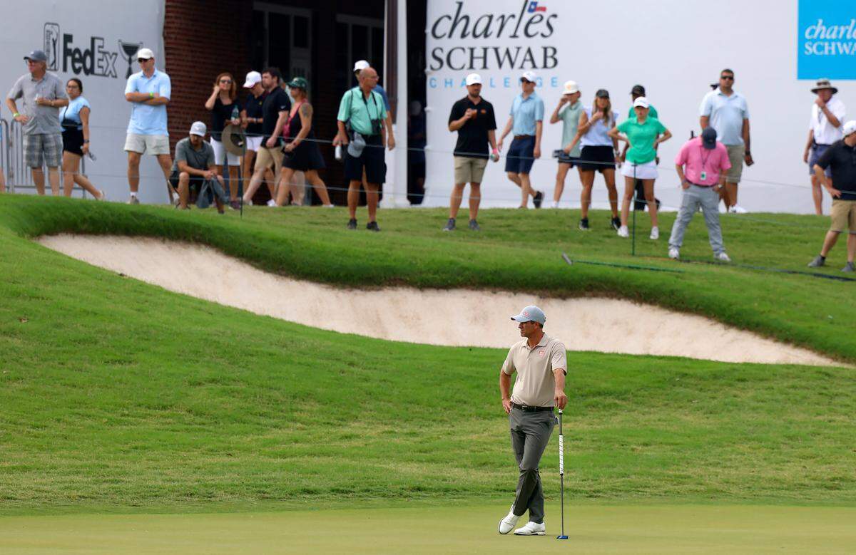 Adam Scott waits for his turn to putt on the 18th green during the first round of the Charles Schwab Classic at Colonial Country Club in Fort Worth on Thursday, May 23, 2024.