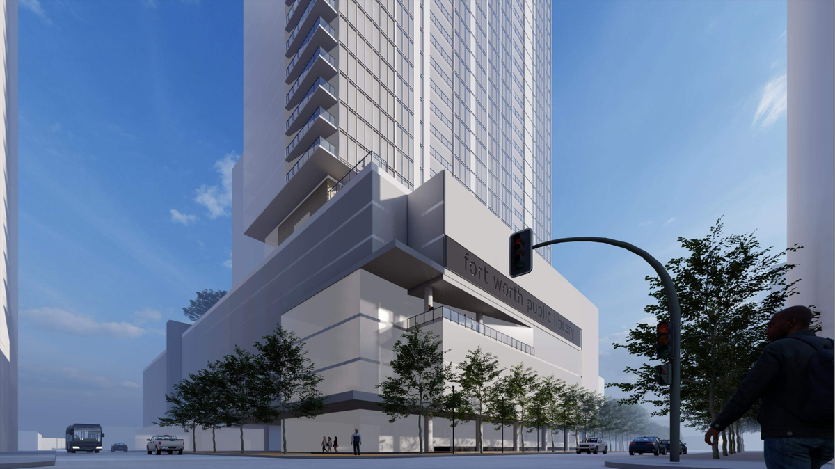 A pre-development concept rendering of the former Fort Worth Central Library shows a several-story high-rise with a modern, face lift of the library base.