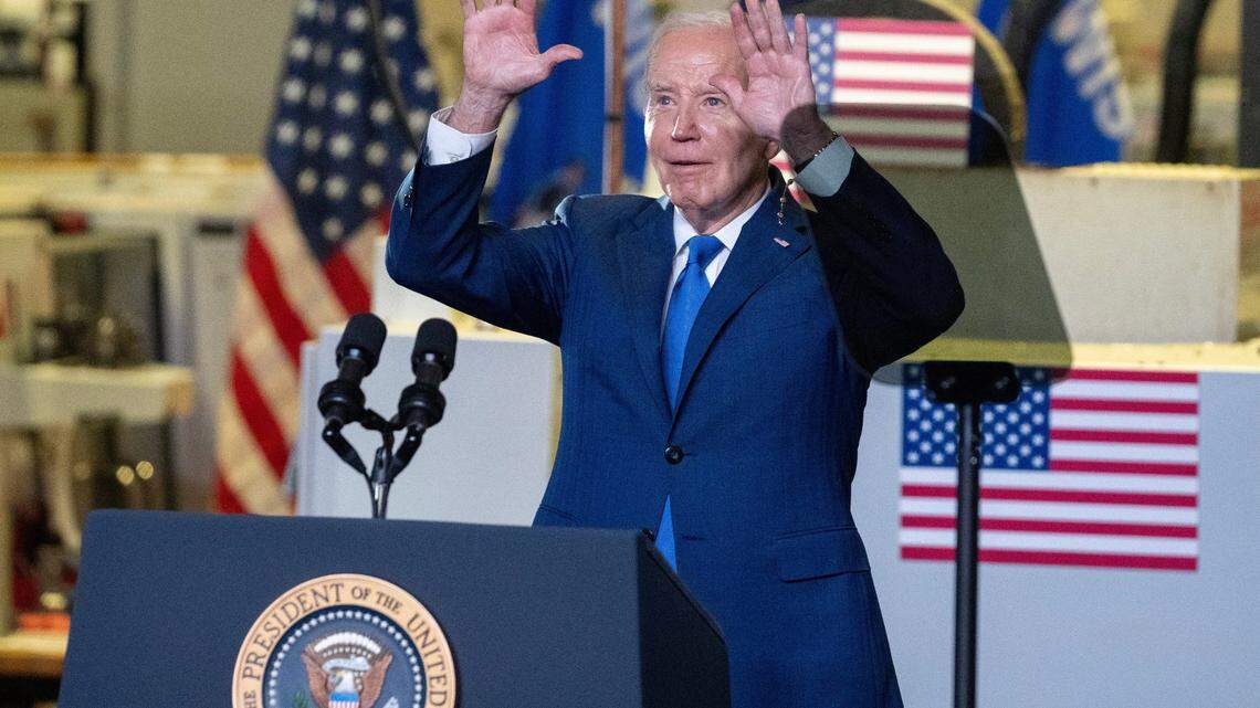 President Biden speaks Wednesday, May 8, 2024 at Gateway Technical College in Sturtevant, Wisconsin. Microsoft Corp. President Brad Smith joined Biden to highlight Microsoft's moves, which build upon the company's previous investments in the state. Microsoft has pledged a minimum value of $1 billion on the first phase of the development in the Wisconsin Innovation Park in nearby Mount Pleasant.Mark Hoffman/Milwaukee Journal Sentinel