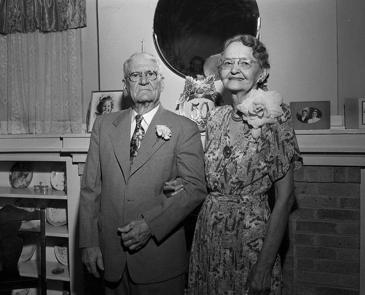 June 22, 1952: Mr. and Mrs. F.L. Bass of Grapevine celebrating their Golden Wedding anniversary. She graduated from Baylor College in 1900 and taught school in Grapevine and Pecan Gap. Her husband was born in 1880 in Hattiesburg, Mississippi. He was an employee of Santa Fe Railroad and was in the grocery business here.