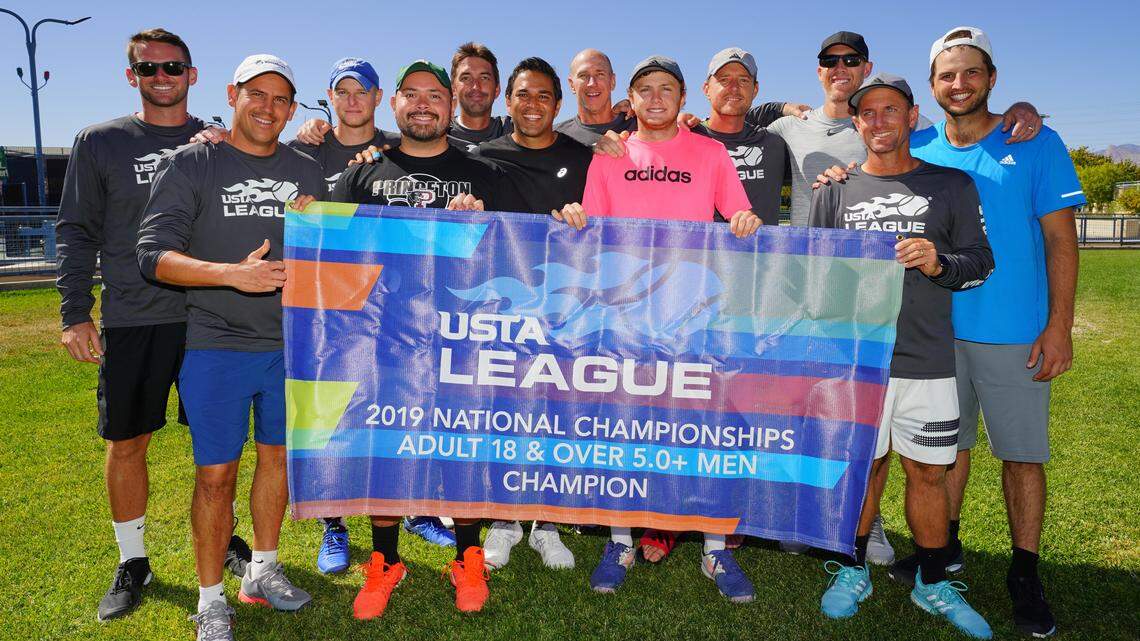 October 6, 2019 (top row left to right) Kyle Davidson, Daniel Vejman, Pete Saunders, Nick Buoni, Johann Jooste, Jeff Jannasch, Joe Hattrup, (bottom) Zoltan Papp, Carlos Aguilar, Mario Toledo, Caden Moortgat, and Leif Meineke of the Texas section came in first place in the Adult 18 & Over 5.0+ Mens League National Championship at the Darling Tennis Center in Las Vegas, Nevada.