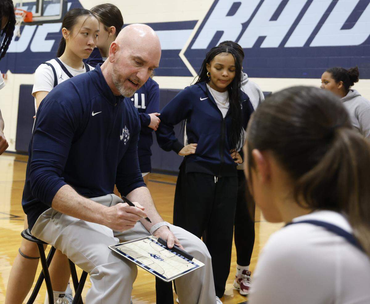 L.D. Bell head coach Andy Bloodworth talks to the team during a timeout against Byron Nelson in the first half of a girls UIL basketball game between Byron Nelson and L.D. Bell at L.D. Bell High School in Hurst, Texas, Friday Feb. 06, 2026