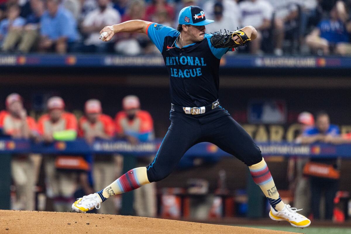 American League starting pitcher Paul Skenes prepares to throw a pitch in the first inning of the MLB All Star Game at Globe Life Field in Arlington on Tuesday July 16, 2024.