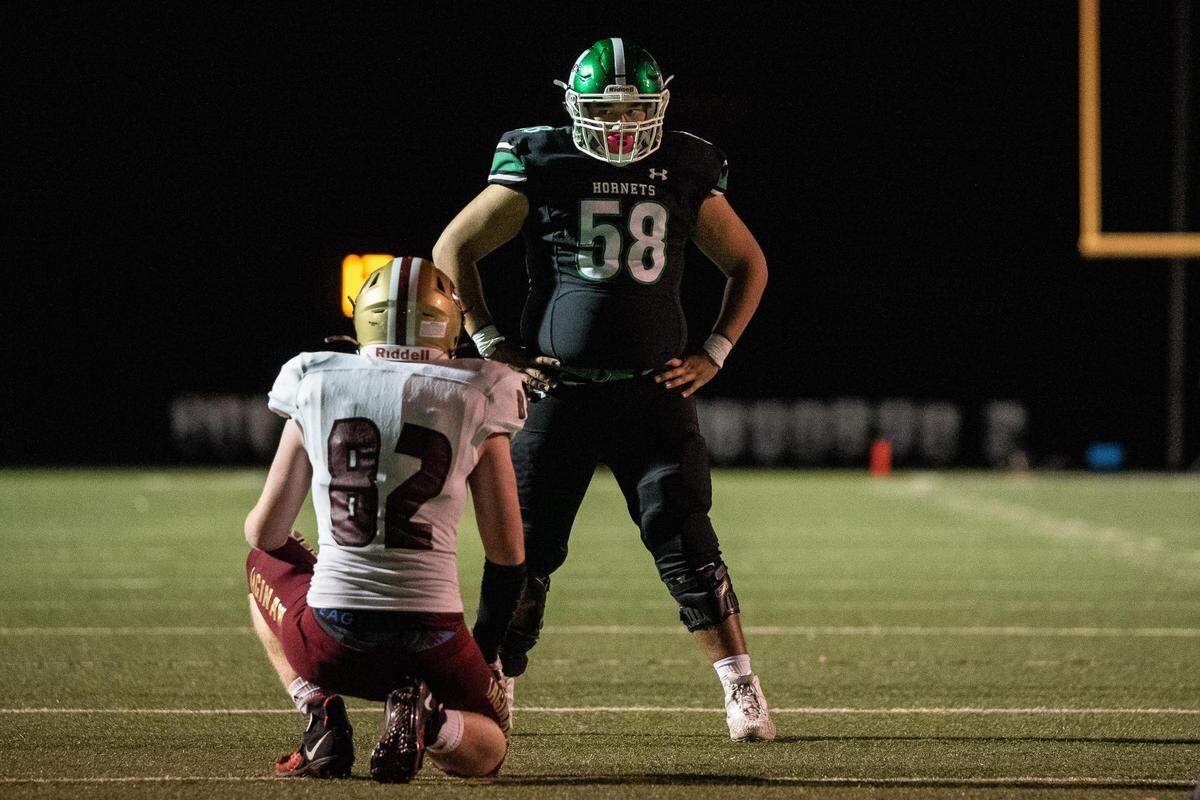Azle lineman Jack Schwantz lines up in a game against Saginaw during the 2020 season. Schwantz died in a single-engine plane crash on Saturday, Aug. 21, 2021. He was 18.
