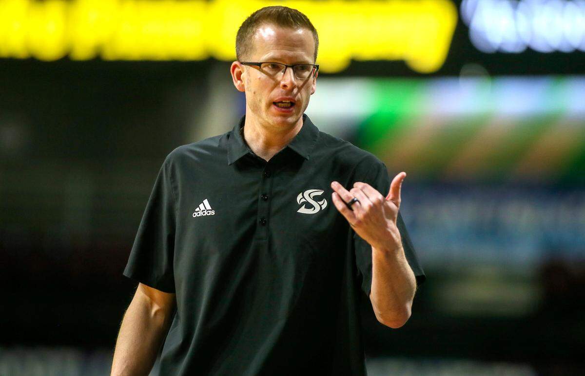 Sacramento State Hornets head coach Mark Campbell during the first half against the Northern Arizona Lumberjacks at Idaho Central Arena on March 8, 2023 in Boise, Idaho.