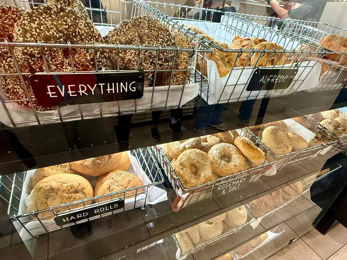 The bagel rack at Dan’s Bagels in Trophy Club, Texas, April 6, 2025.