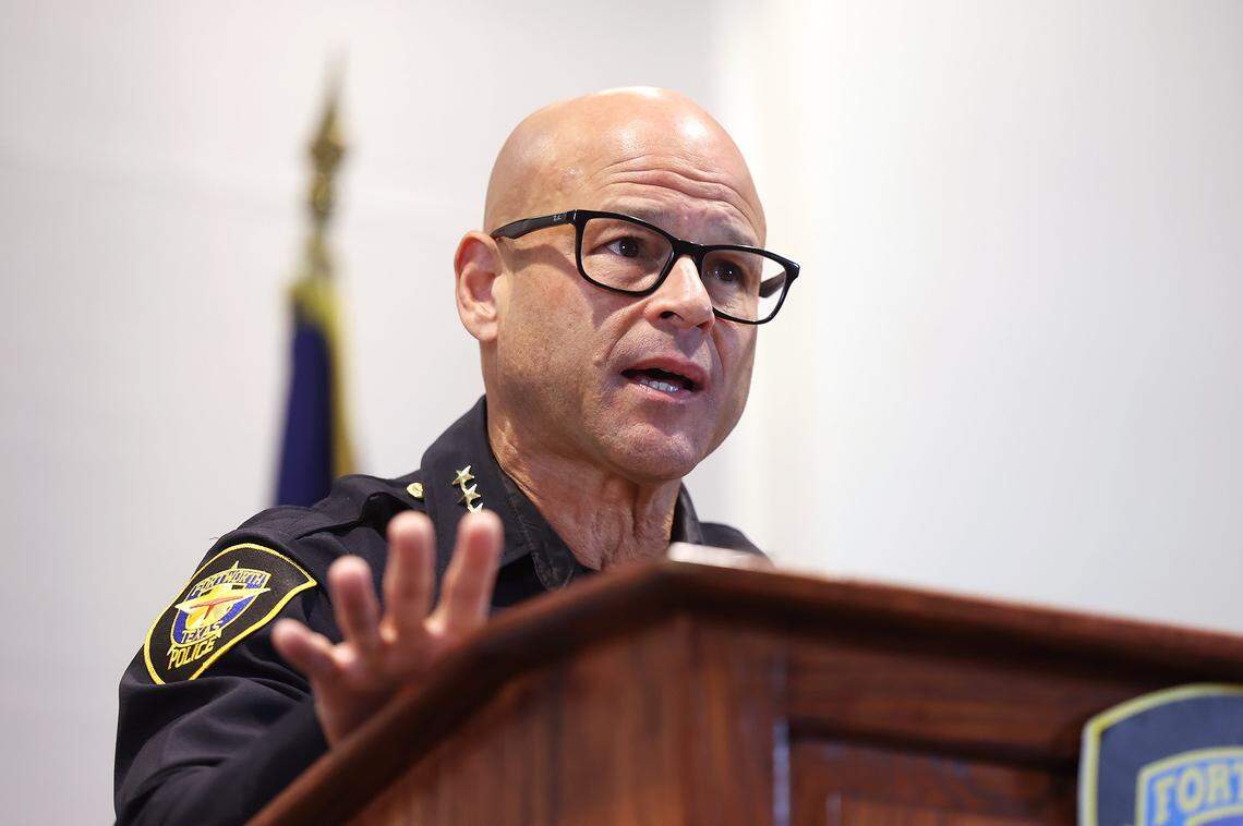 Fort Worth Police Chief Eddie Garcia holds a press conference on Monday, Oct. 6, 2025, to address a violent weekend that included a shooting at a bar in Fort Worth's West 7th district that resulted in one fatality and five injuries.