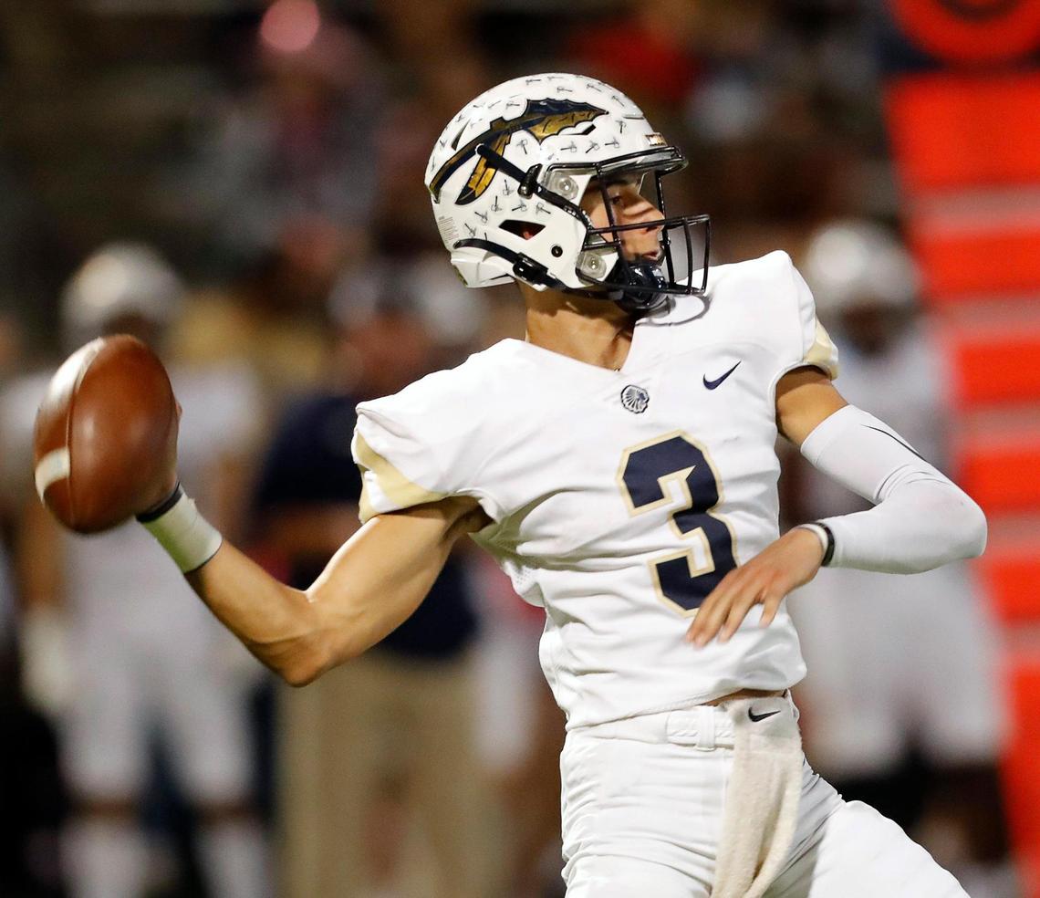 Keller quarterback Tre Guerra (3) completes a pass downfield in a high school district 4-6A football game at NWISD Stadium in Justin, Texas, Friday Oct. 08, 2021. Keller led Eaton 21-10 at the half. (Special to the Star-Telegram Bob Booth)