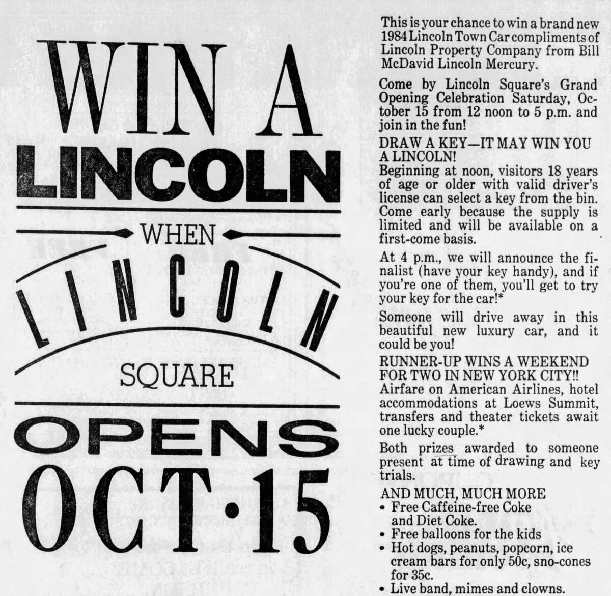 An ad in the Fort Worth Star-Telegram on Oct. 12, 1983, described the giveway of a 1984 Lincoln Town Car during the grand opening of Lincoln Square in Arlington.