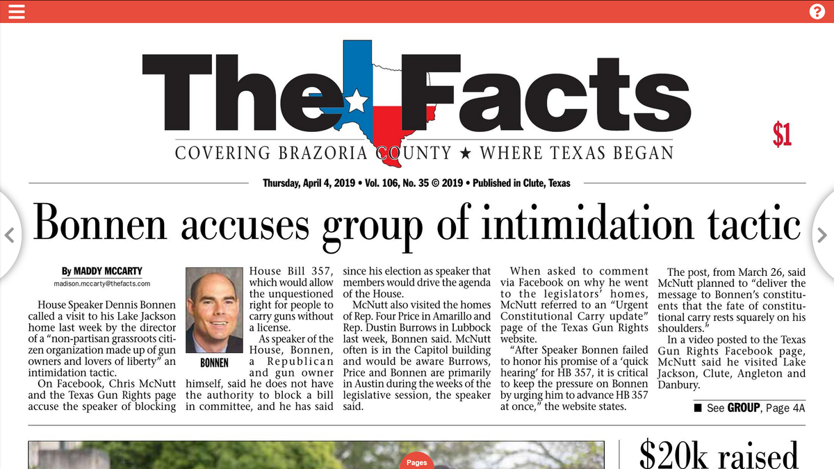 Texas House Speaker Dennis Bonnen’s complaint about a libertarian gun-rights group made Page One news in his hometown paper.