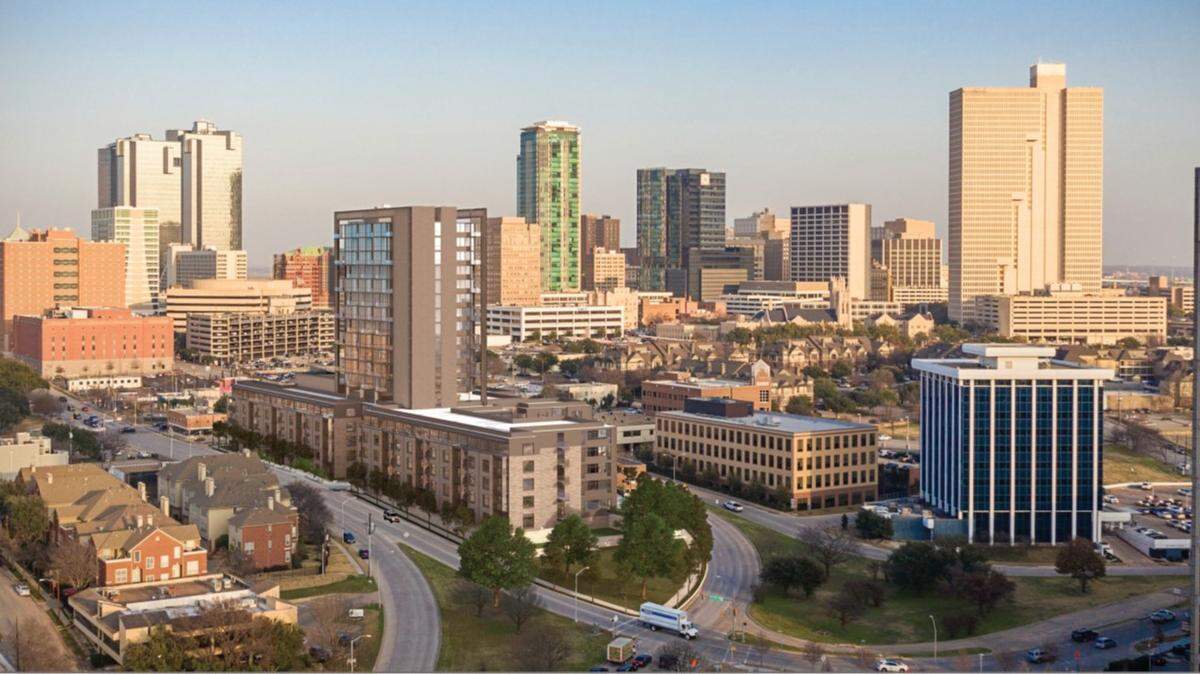 This rendering shows the 1000 Weatherford apartment tower, center left, compared to the existing Fort Worth skyline.