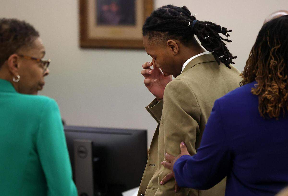 Timothy Simpkins, 19, reacts after he is found guilty of attempted capital murder on Thursday, July 20, 2023, in Tarrant County 371st District Court in Fort Worth.