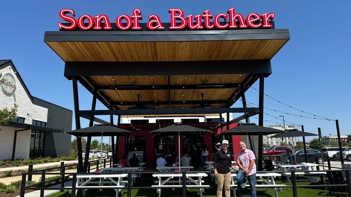 General Manager, Jens Pederson and VP of Operations, Tim Timbs out front of Son of a Butcher which is now open in the Alliance Town Center in Fort Worth.