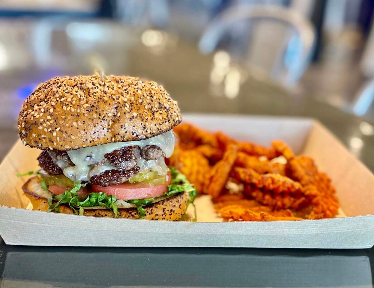 A cheddar double Frog Burger at Berry Street Ice House.