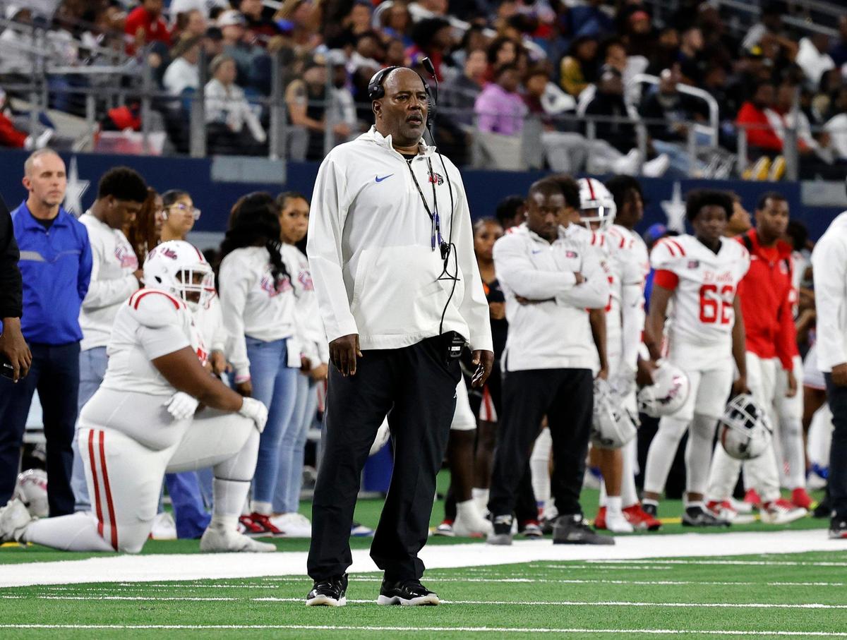 Duncanville head coach Reginald Samples watches the game from on the field during the second half of the UIL Conference 6A Division 1 state championship football game at AT&T Stadium in Arlington, Texas, Saturday, Dec. 16, 2023.