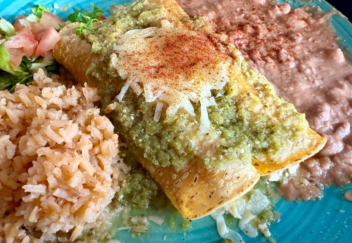 A simple enchiladas verdes plate at Tia’s on the Bluff, seen Dec. 15, 2024.
