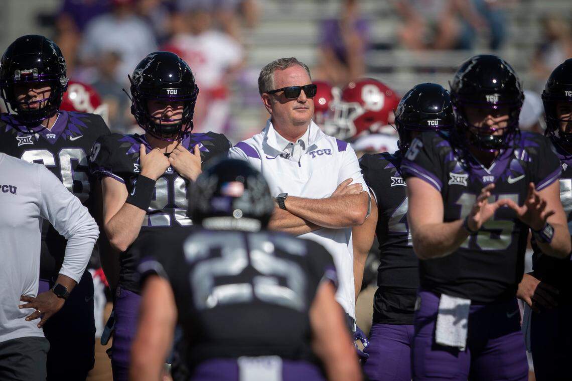 TCU head coach Sonny Dykes before their game begins against OU at the Amon G. Carter Stadium in Fort Worth, Texas, on Saturday, Oct. 1, 2022.