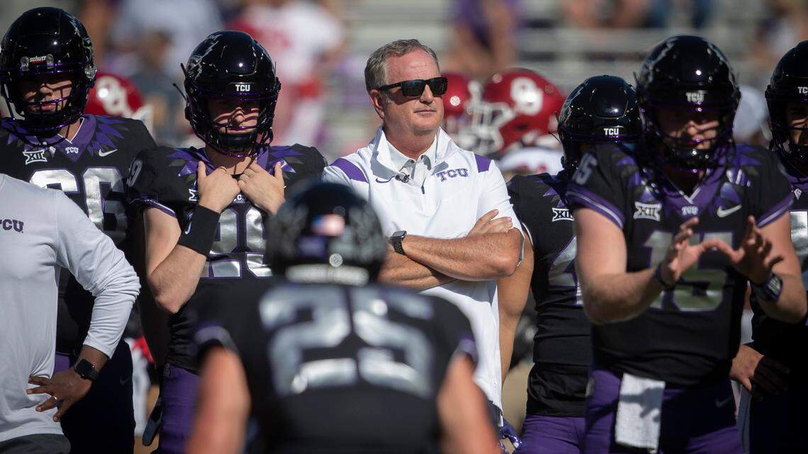 TCU head coach Sonny Dykes before their game begins against OU at the Amon G. Carter Stadium in Fort Worth, Texas, on Saturday, Oct. 1, 2022.