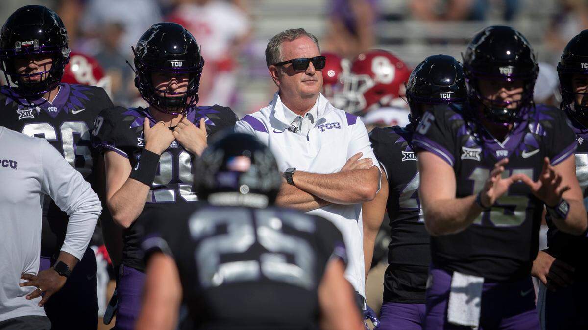 TCU head coach Sonny Dykes before their game begins against OU at the Amon G. Carter Stadium in Fort Worth, Texas, on Saturday, Oct. 1, 2022.