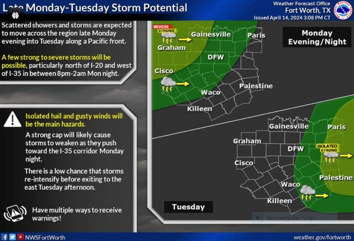 Thunderstorms are expected to develop across West Texas late Monday afternoon and move eastward into our area in the evening and overnight hours. A few strong to severe storms are possible as they progress through North and Central Texas later Monday night, especially west of I-35.