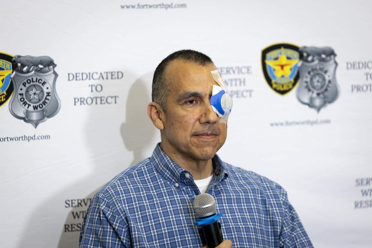 Spc. Edward Zapata of the Fort Worth police Civilian Response Unit talks to the media about his injury and the events leading up to it on Wednesday, May 6. Zapata was shot in the face twice, including once in the eye, while responding to take a car burglary report near Basswood Boulevard and North Riverside Drive.