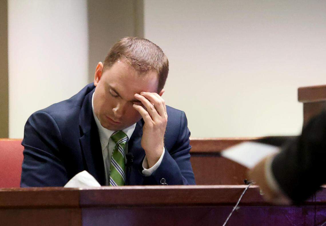 Aaron Dean reacts while while being cross examined by Assistant Tarrant County Criminal District Attorney Dale Smith on Monday, December 12, 2022, in Fort Worth. Dean, a former Fort Worth police officer, is accused of fatally shooting Atatiana Jefferson in 2019 during an open structure call.