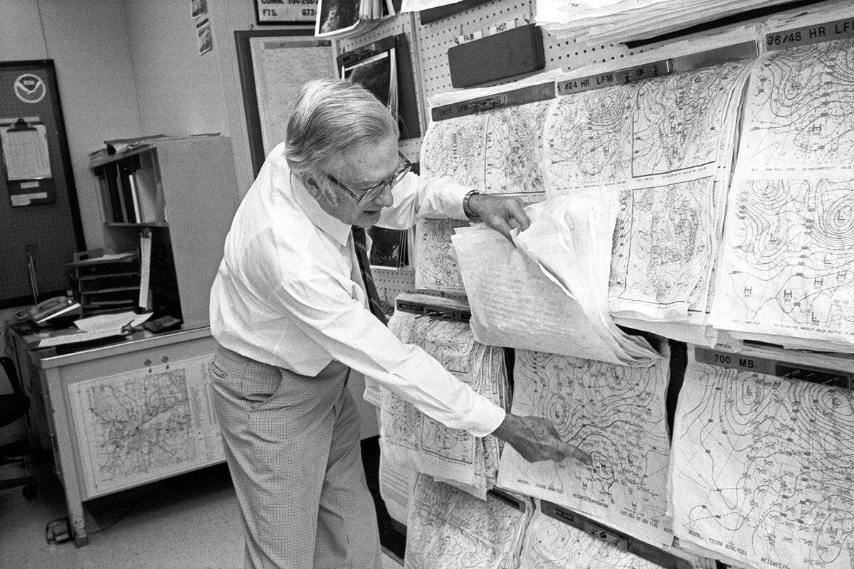 July 3, 1980: Harold McCrabb, meteorologist in charge at the National Weather Service’s Fort Worth office, reviews meteorological charts during a heat wave in Fort Worth. McCrabb attributes the heat to a high pressure system settled over Texas and the Southwest.