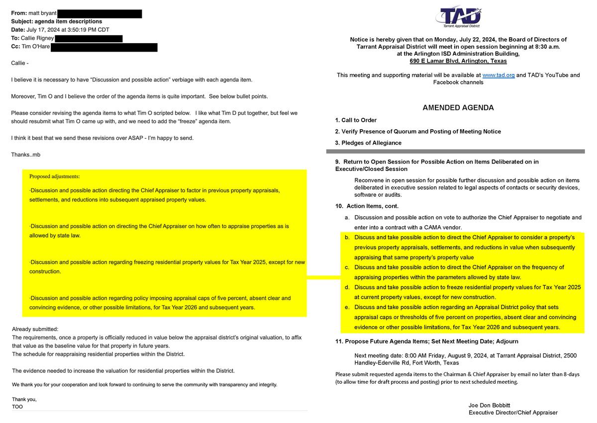 An email obtained through an open records request shows agenda items “scripted” by Tarrant County Judge Tim O’Hare for a July 22 TAD board meeting. The “scripted” items are similar to those that ended up on the agenda.