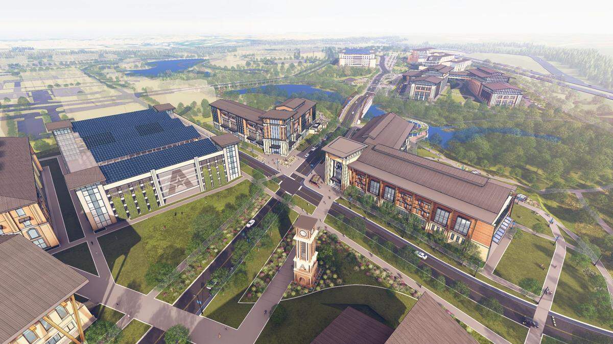 A rendering of a college campus looking down from a high angle