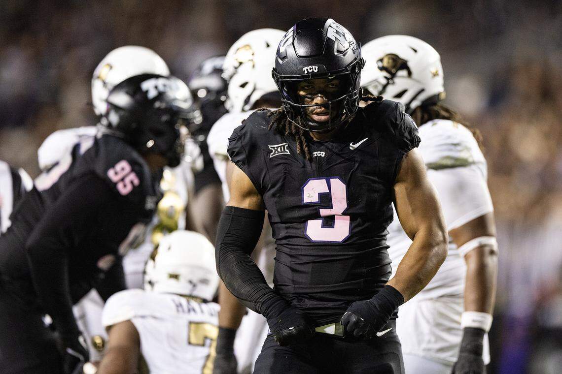 TCU linebacker Kaleb Elarms-Orr (3) celebrates after making a tackle in the back field in the second half of an NCAA football game between TCU and Colorado at Amon G. Carter Stadium in Fort Worth on Saturday, Oct. 4, 2025. TCU defeated Colorado 35-21.