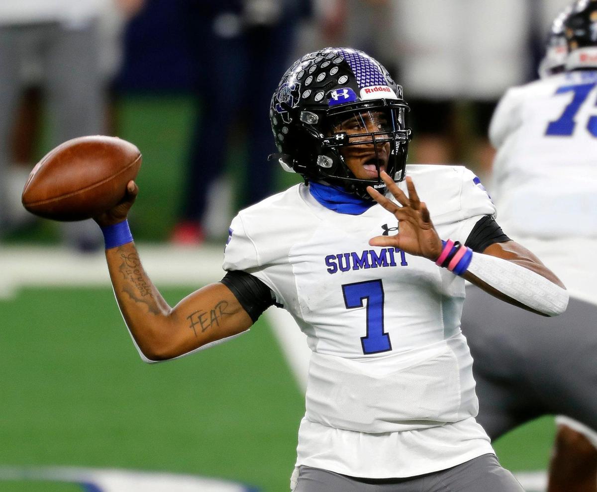 Summit quarterback David Hopkins (7) throws a completion downfield during the Conference 5A Division 1 2020 state championship semi-final football game at AT&T Stadium in Arlington, Texas, Friday, Jan. 08, 2021. Ryan led Summit 21-13 at the half. (Special to the Star-Telegram Bob Booth)