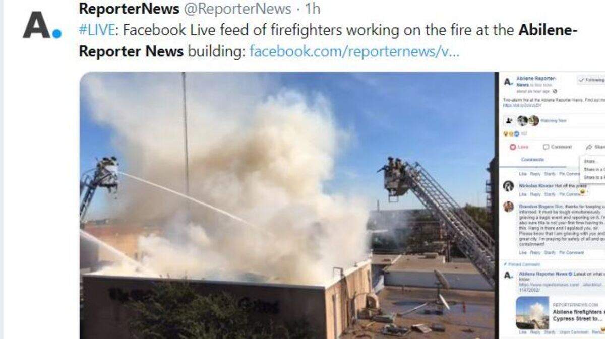 Twitter post from Abilene Reporter News of firefighters working to extinguish a fire that was discovered in the attic of the newspaper building on Thursday