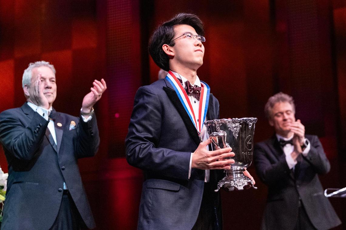 Aristo Sham of Hong Kong, China accepts the Nancy Lee and Perry Bass Gold Medal award and Van Cliburn Winners Cup during the Van Cliburn International Piano Competition Awards Ceremony at Bass Performance Hall in Fort Worth on Saturday, June 7, 2025.