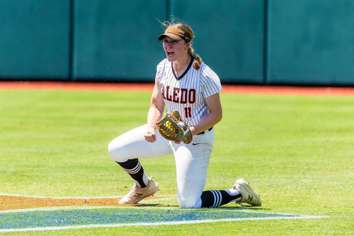 Marissa Powell celebrates making a tough catch for an out during the 5A UIL State Softball semifinal between Aledo and Georgetown in Austin Texas, on June 3rd, 2021.
