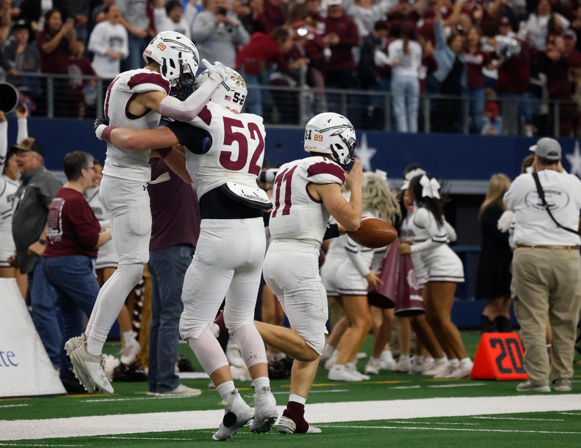 After intercepting the game winning pass Ganado defensive back Bryce Ullman heads down the side lines during the UIL 2A D1 State Championship football game at AT&T Stadium in Arlington, Texas, Thursday, Dec. 19, 2024.