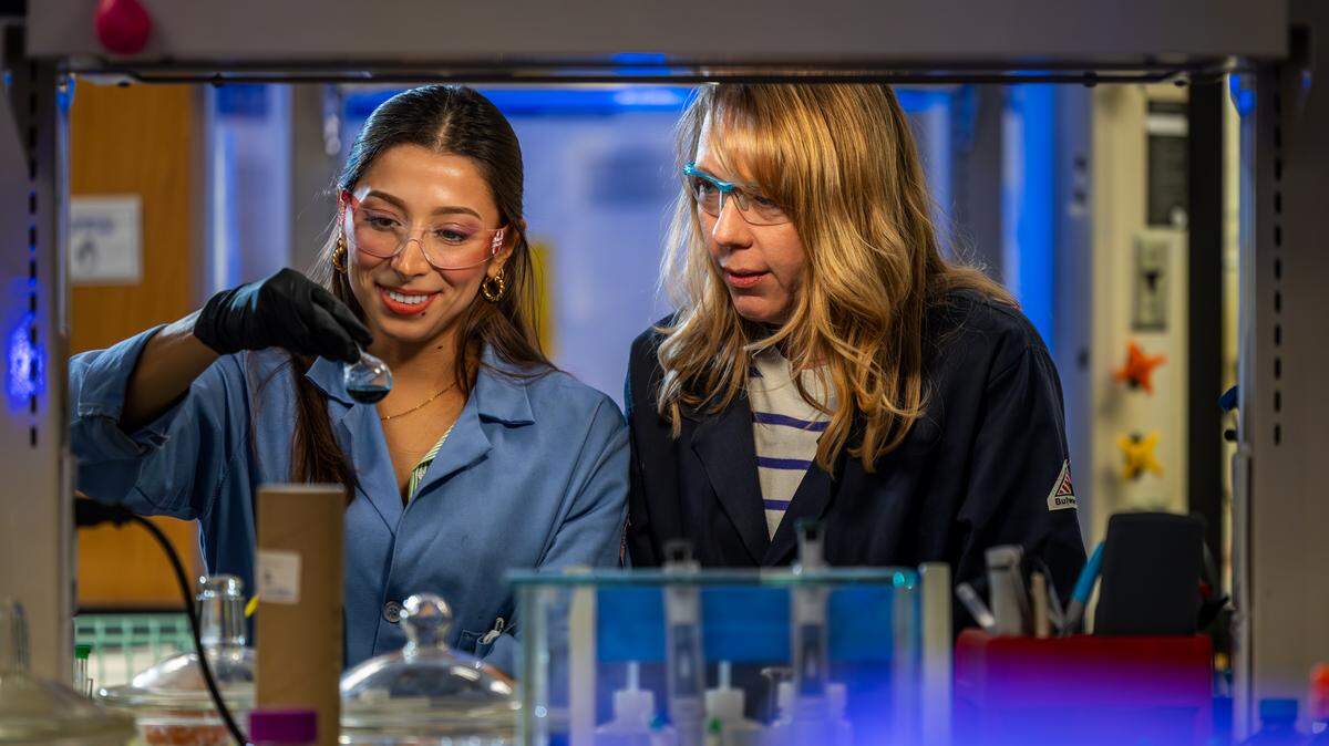 Two students conduct research in a chemistry lab in the Sid W. Richardson Building, Oct. 31, 2024. Photo by James Anger.