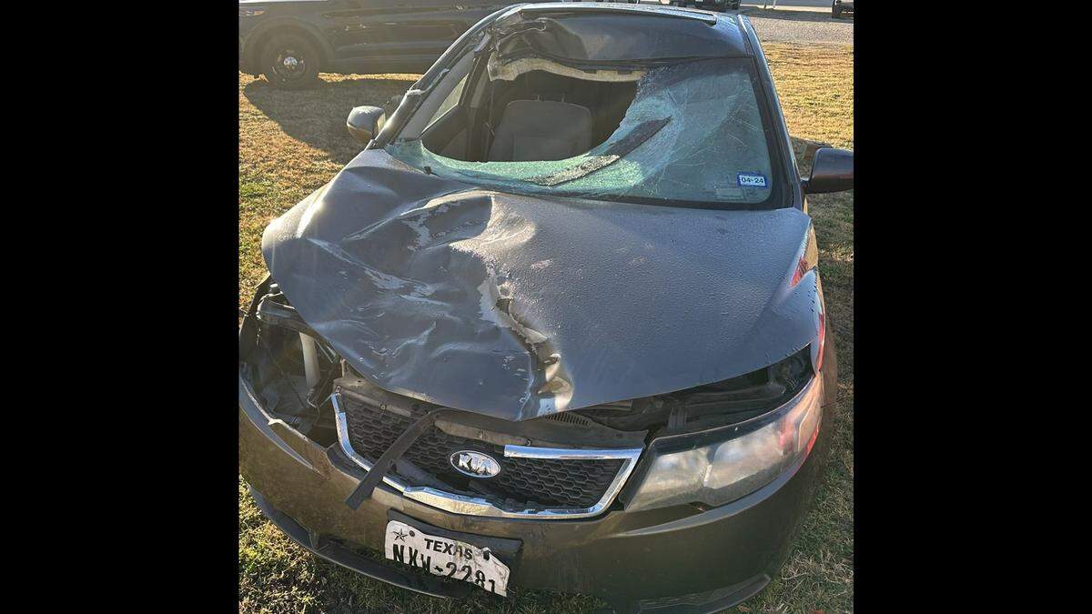 A pedestrian who was hit by this car Saturday night, Dec. 16, 2023, in Dallas crashed through the windshield and ended up dead in the passenger seat as the driver continued for almost 40 miles before stopping in a Jack in the Box parking lot in White Settlement, police said.